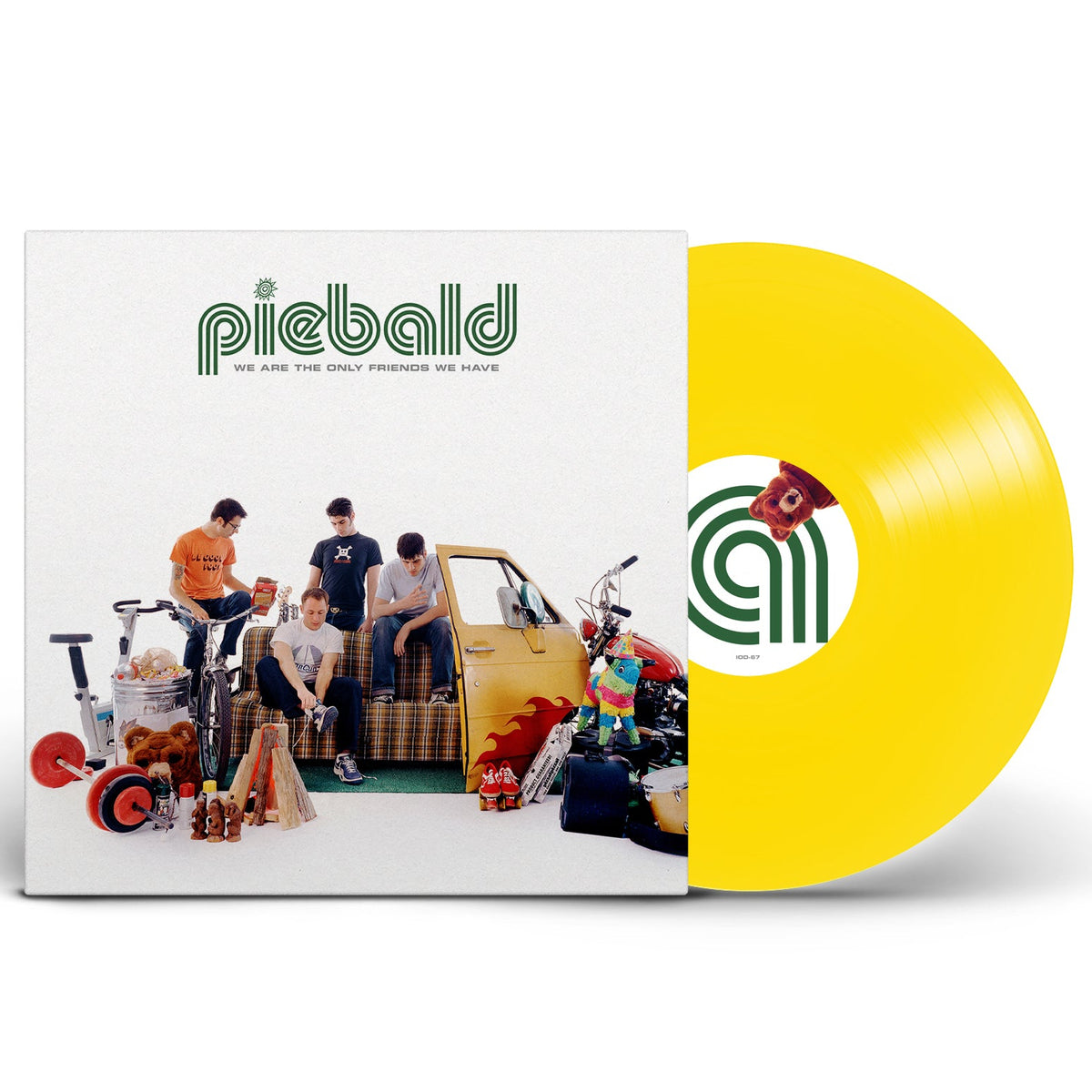 A yellow vinyl record of Piebald's album 'We Are The Only Friends We Have' with the band members and the door fo their yellow school bus melvin on the cover.