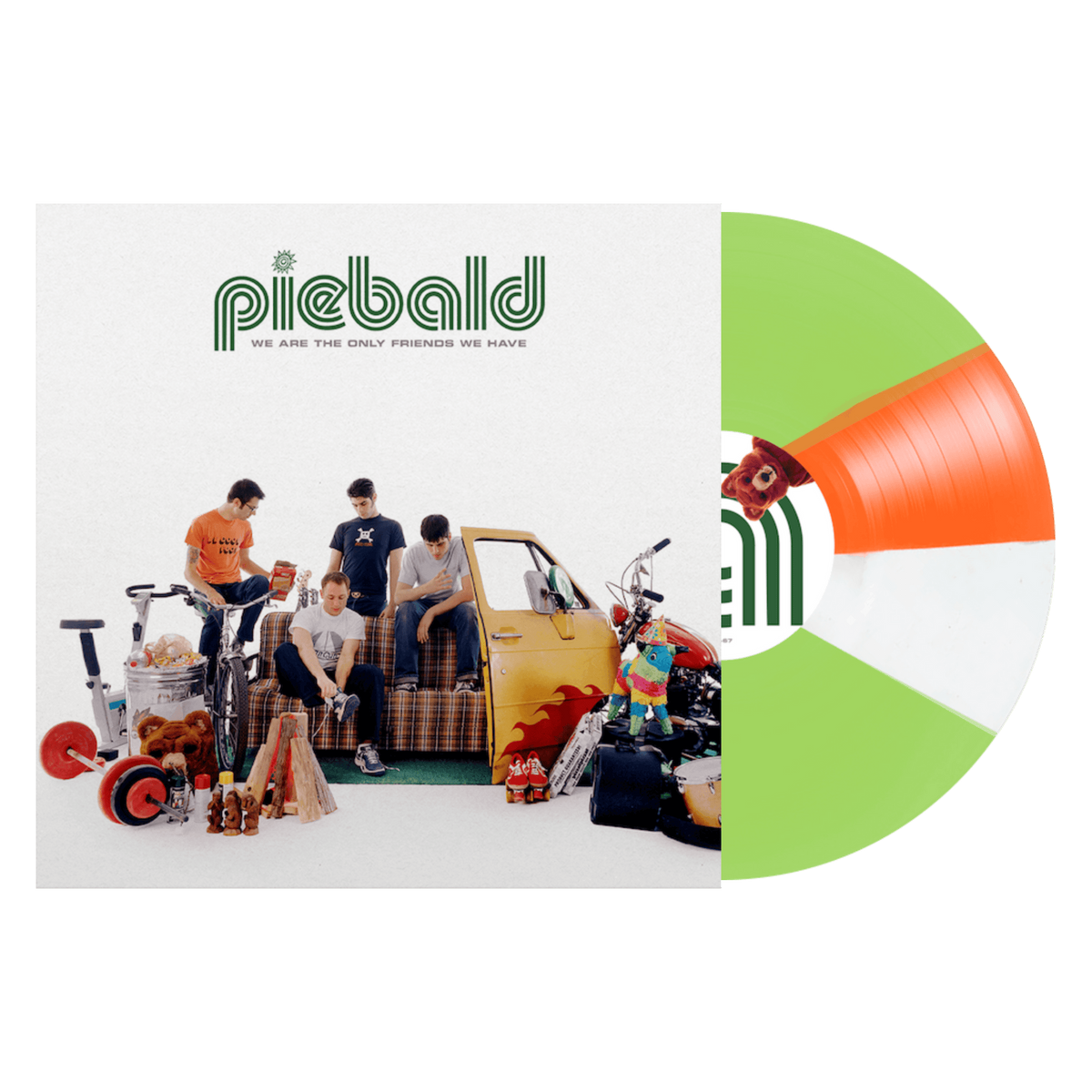 A green, orange and white vinyl record of Piebald's album 'We Are The Only Friends We Have' with the band members and the door fo their yellow school bus melvin on the cover.