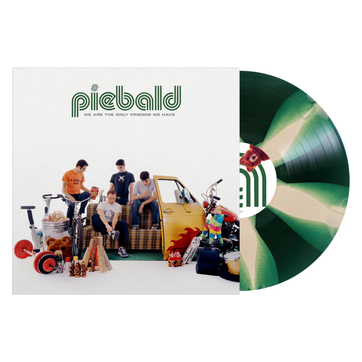 A green and white pinwheel vinyl record of Piebald's album 'We Are The Only Friends We Have' with the band members and the door fo their yellow school bus melvin on the cover.