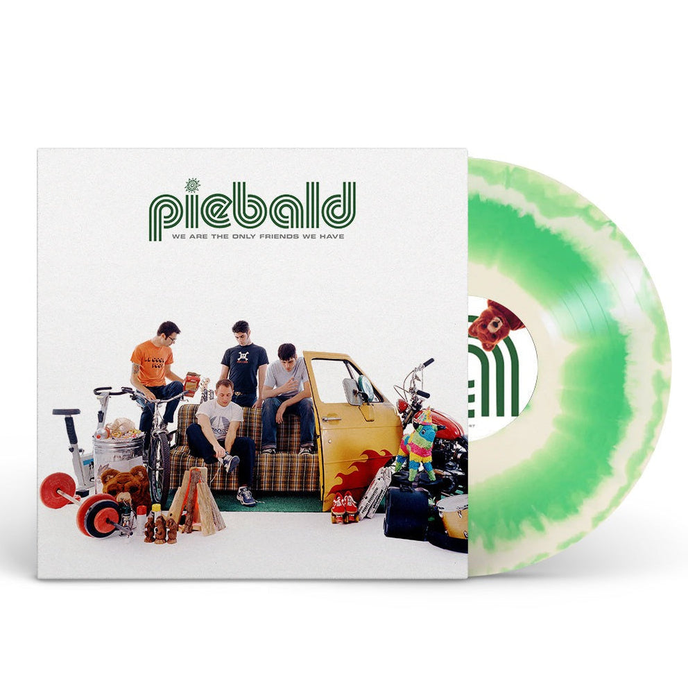 A green and yellow smash vinyl record of Piebald's album 'We Are The Only Friends We Have' with the band members and the door fo their yellow school bus melvin on the cover.